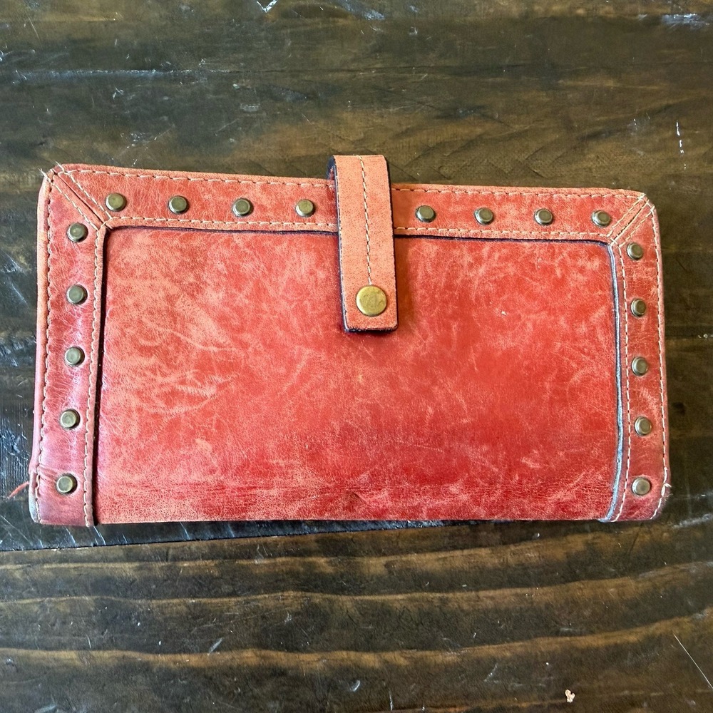Vintage Fossil Solid Red Brown Embellished Genuine Leather Studded Bifold Wallet